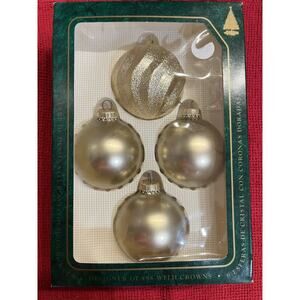4 Vintage Christmas by Krebs Gold Round Glass Ornaments 3 Satin & 1 Textured